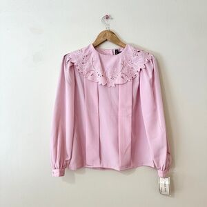 Vintage 80s Pink Blouse Large Lace Collar NWT Deadstock Nicola Petite Size 6P